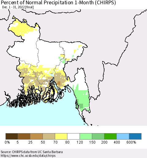 Bangladesh Percent of Normal Precipitation 1-Month (CHIRPS) Thematic Map For 12/1/2022 - 12/31/2022