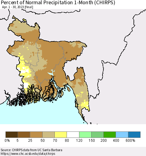 Bangladesh Percent of Normal Precipitation 1-Month (CHIRPS) Thematic Map For 4/1/2023 - 4/30/2023
