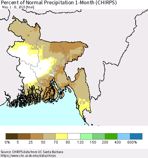 Bangladesh Percent of Normal Precipitation 1-Month (CHIRPS) Thematic Map For 5/1/2023 - 5/31/2023