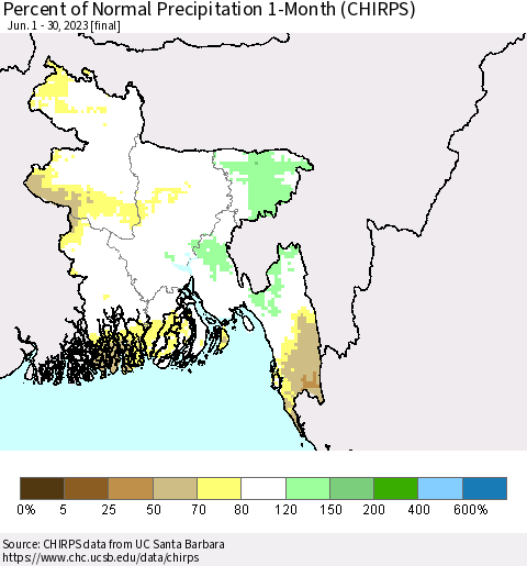 Bangladesh Percent of Normal Precipitation 1-Month (CHIRPS) Thematic Map For 6/1/2023 - 6/30/2023