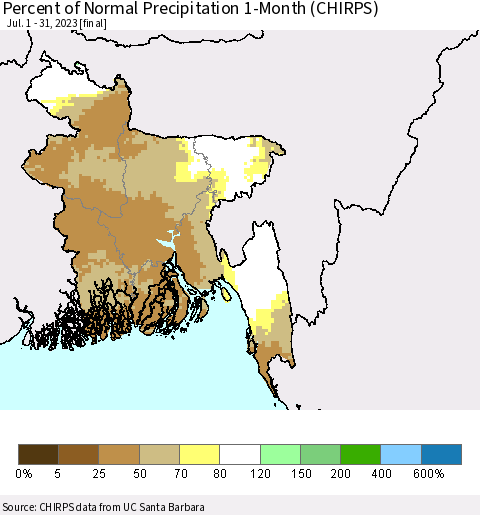 Bangladesh Percent of Normal Precipitation 1-Month (CHIRPS) Thematic Map For 7/1/2023 - 7/31/2023