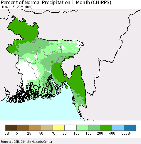 Bangladesh Percent of Normal Precipitation 1-Month (CHIRPS) Thematic Map For 3/1/2024 - 3/31/2024