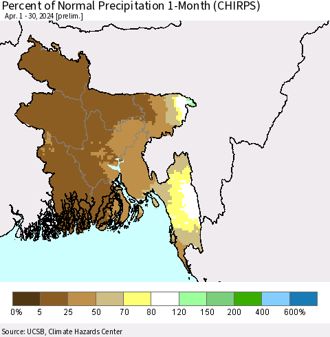 Bangladesh Percent of Normal Precipitation 1-Month (CHIRPS) Thematic Map For 4/1/2024 - 4/30/2024