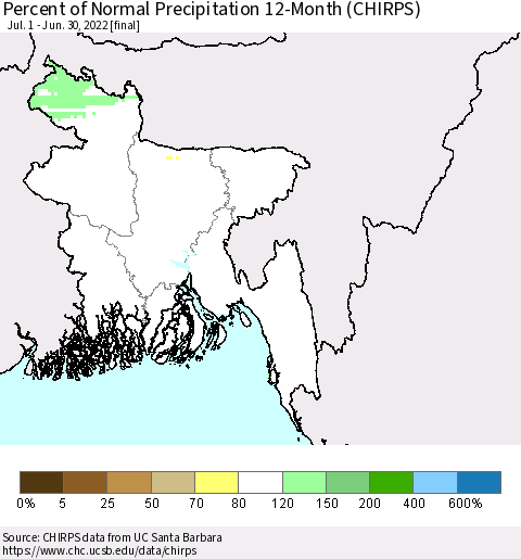 Bangladesh Percent of Normal Precipitation 12-Month (CHIRPS) Thematic Map For 7/1/2021 - 6/30/2022