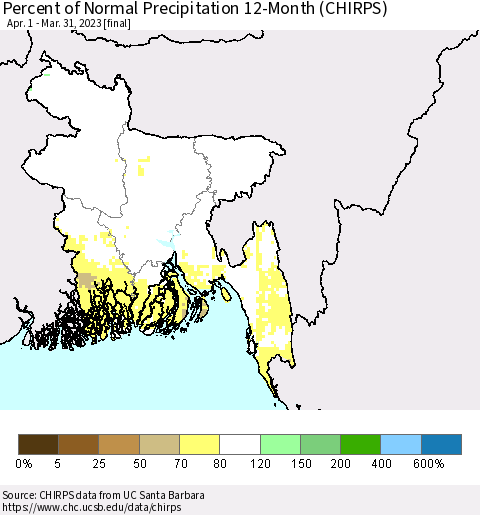 Bangladesh Percent of Normal Precipitation 12-Month (CHIRPS) Thematic Map For 4/1/2022 - 3/31/2023