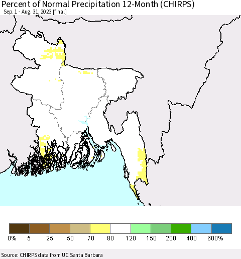 Bangladesh Percent of Normal Precipitation 12-Month (CHIRPS) Thematic Map For 9/1/2022 - 8/31/2023