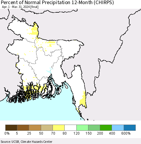 Bangladesh Percent of Normal Precipitation 12-Month (CHIRPS) Thematic Map For 4/1/2023 - 3/31/2024