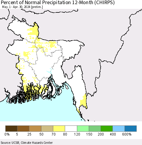 Bangladesh Percent of Normal Precipitation 12-Month (CHIRPS) Thematic Map For 5/1/2023 - 4/30/2024