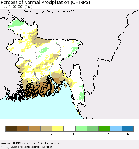 Bangladesh Percent of Normal Precipitation (CHIRPS) Thematic Map For 7/11/2021 - 7/20/2021