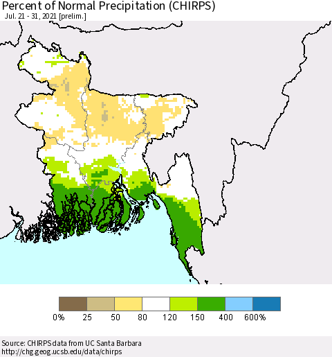 Bangladesh Percent of Normal Precipitation (CHIRPS) Thematic Map For 7/21/2021 - 7/31/2021