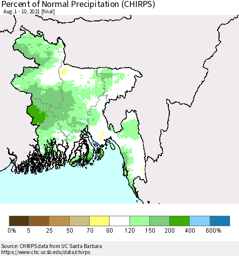 Bangladesh Percent of Normal Precipitation (CHIRPS) Thematic Map For 8/1/2021 - 8/10/2021