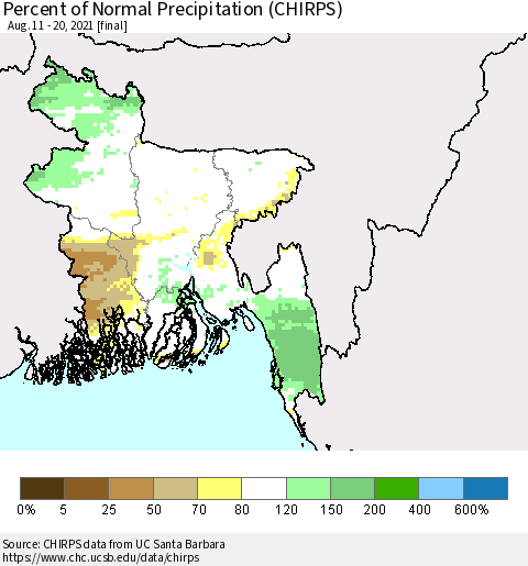 Bangladesh Percent of Normal Precipitation (CHIRPS) Thematic Map For 8/11/2021 - 8/20/2021