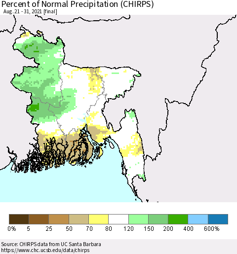 Bangladesh Percent of Normal Precipitation (CHIRPS) Thematic Map For 8/21/2021 - 8/31/2021