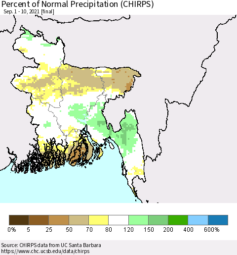 Bangladesh Percent of Normal Precipitation (CHIRPS) Thematic Map For 9/1/2021 - 9/10/2021