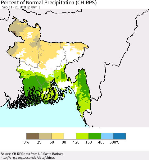 Bangladesh Percent of Normal Precipitation (CHIRPS) Thematic Map For 9/11/2021 - 9/20/2021