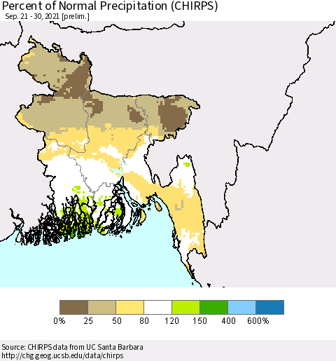 Bangladesh Percent of Normal Precipitation (CHIRPS) Thematic Map For 9/21/2021 - 9/30/2021