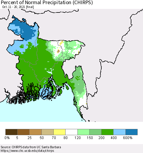 Bangladesh Percent of Normal Precipitation (CHIRPS) Thematic Map For 10/11/2021 - 10/20/2021