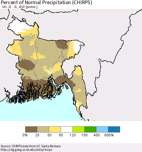 Bangladesh Percent of Normal Precipitation (CHIRPS) Thematic Map For 10/21/2021 - 10/31/2021