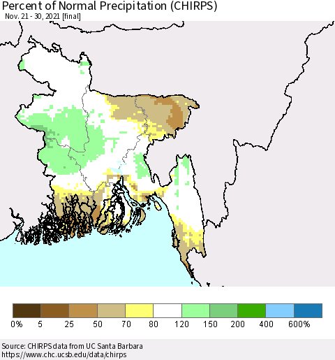 Bangladesh Percent of Normal Precipitation (CHIRPS) Thematic Map For 11/21/2021 - 11/30/2021