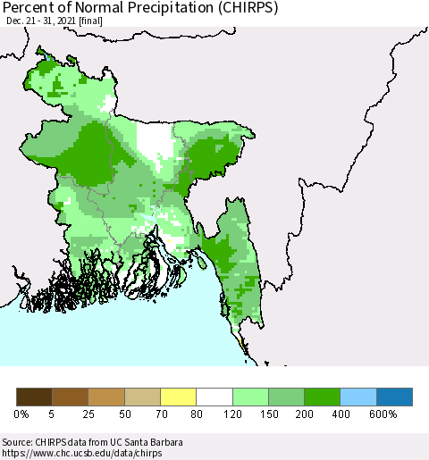 Bangladesh Percent of Normal Precipitation (CHIRPS) Thematic Map For 12/21/2021 - 12/31/2021