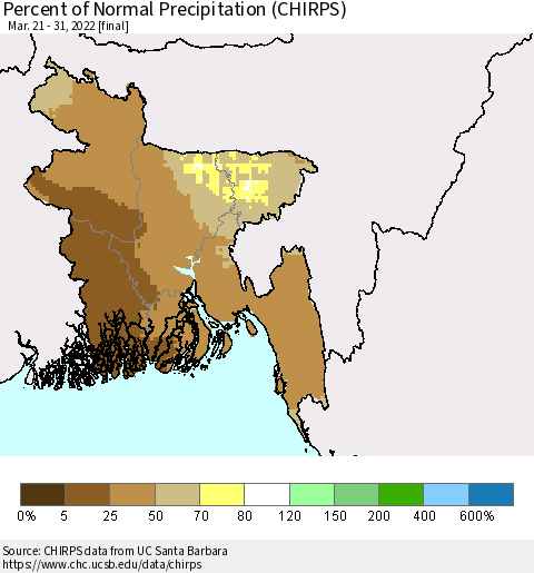 Bangladesh Percent of Normal Precipitation (CHIRPS) Thematic Map For 3/21/2022 - 3/31/2022