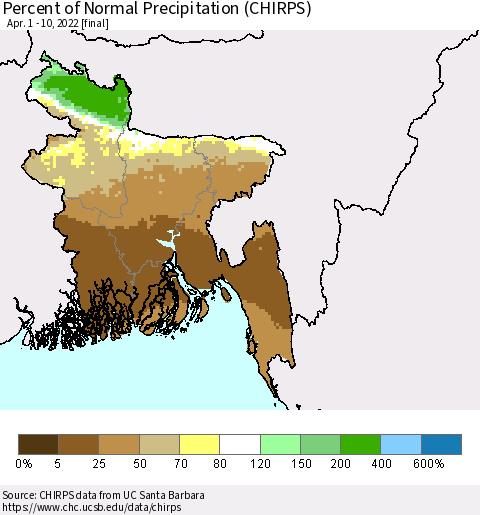 Bangladesh Percent of Normal Precipitation (CHIRPS) Thematic Map For 4/1/2022 - 4/10/2022
