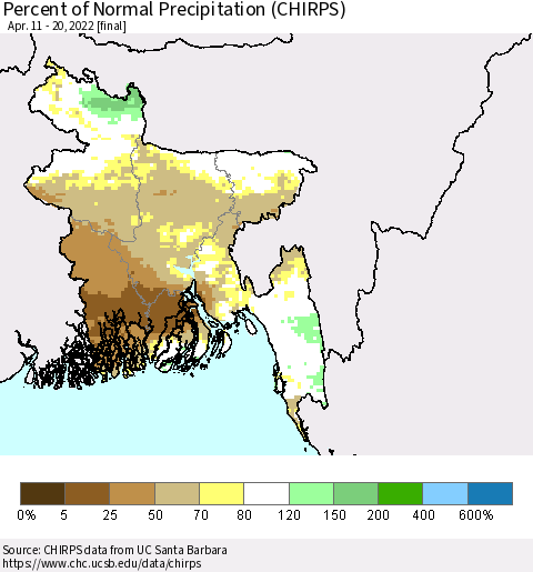 Bangladesh Percent of Normal Precipitation (CHIRPS) Thematic Map For 4/11/2022 - 4/20/2022