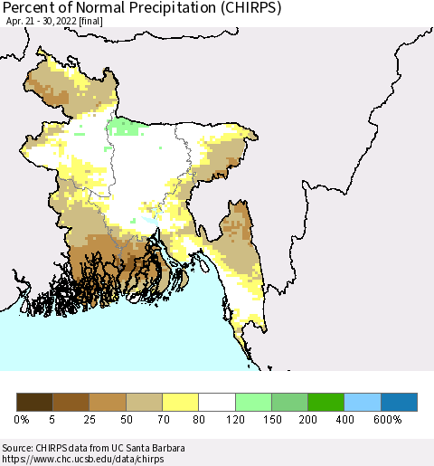 Bangladesh Percent of Normal Precipitation (CHIRPS) Thematic Map For 4/21/2022 - 4/30/2022