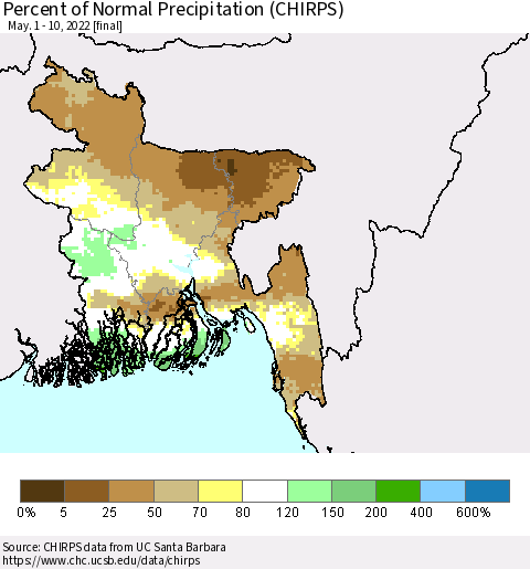 Bangladesh Percent of Normal Precipitation (CHIRPS) Thematic Map For 5/1/2022 - 5/10/2022