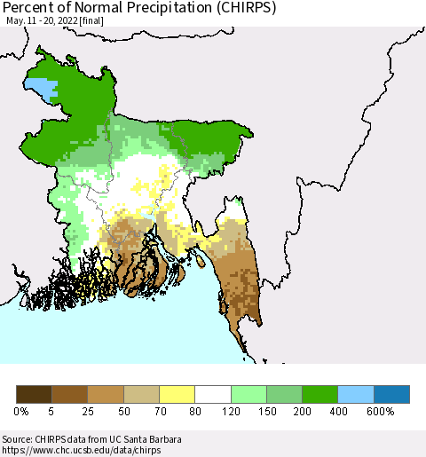 Bangladesh Percent of Normal Precipitation (CHIRPS) Thematic Map For 5/11/2022 - 5/20/2022