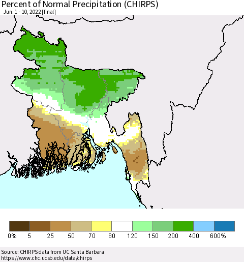 Bangladesh Percent of Normal Precipitation (CHIRPS) Thematic Map For 6/1/2022 - 6/10/2022