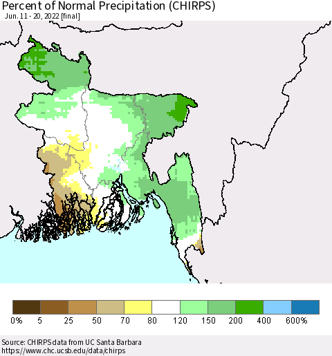 Bangladesh Percent of Normal Precipitation (CHIRPS) Thematic Map For 6/11/2022 - 6/20/2022