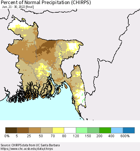 Bangladesh Percent of Normal Precipitation (CHIRPS) Thematic Map For 6/21/2022 - 6/30/2022
