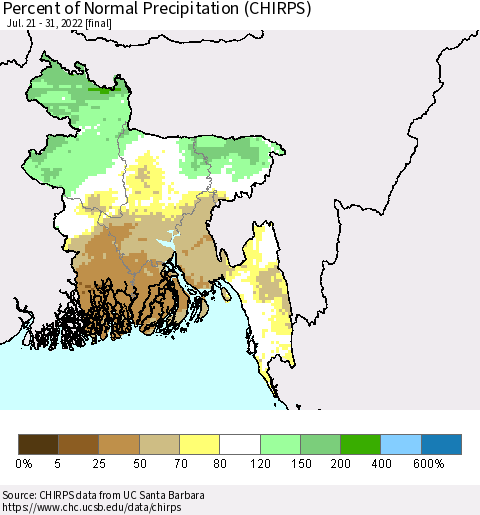 Bangladesh Percent of Normal Precipitation (CHIRPS) Thematic Map For 7/21/2022 - 7/31/2022
