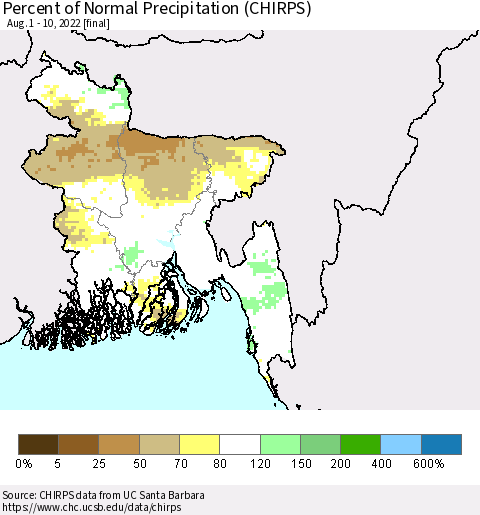 Bangladesh Percent of Normal Precipitation (CHIRPS) Thematic Map For 8/1/2022 - 8/10/2022