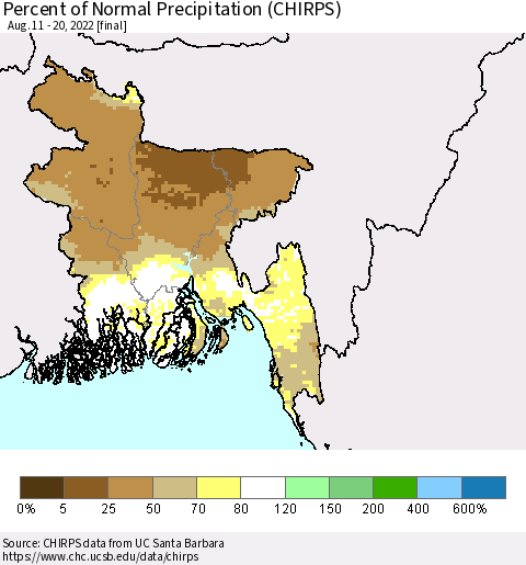 Bangladesh Percent of Normal Precipitation (CHIRPS) Thematic Map For 8/11/2022 - 8/20/2022