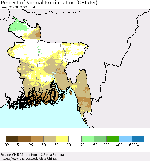Bangladesh Percent of Normal Precipitation (CHIRPS) Thematic Map For 8/21/2022 - 8/31/2022