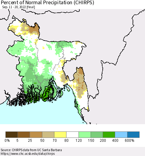 Bangladesh Percent of Normal Precipitation (CHIRPS) Thematic Map For 9/11/2022 - 9/20/2022