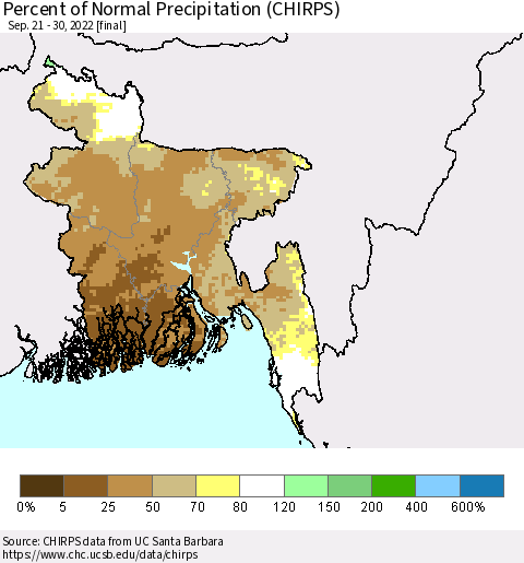 Bangladesh Percent of Normal Precipitation (CHIRPS) Thematic Map For 9/21/2022 - 9/30/2022