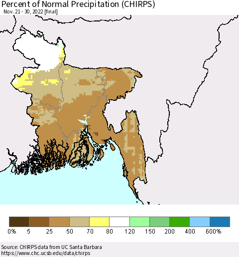 Bangladesh Percent of Normal Precipitation (CHIRPS) Thematic Map For 11/21/2022 - 11/30/2022
