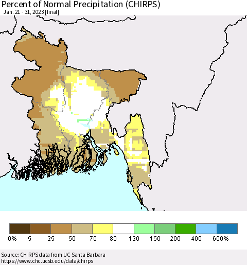 Bangladesh Percent of Normal Precipitation (CHIRPS) Thematic Map For 1/21/2023 - 1/31/2023