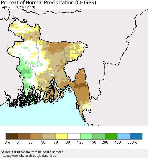 Bangladesh Percent of Normal Precipitation (CHIRPS) Thematic Map For 4/21/2023 - 4/30/2023