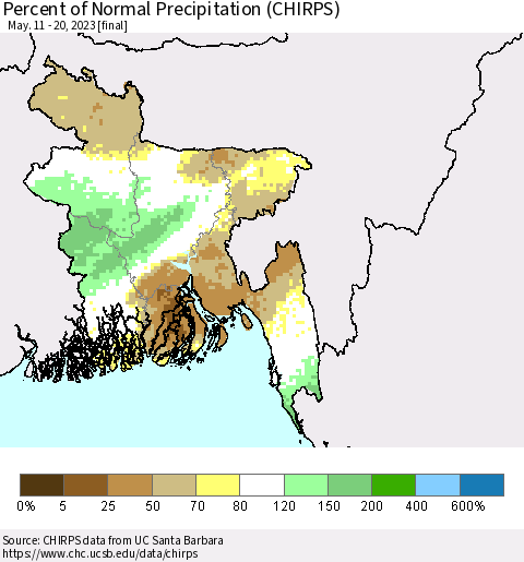 Bangladesh Percent of Normal Precipitation (CHIRPS) Thematic Map For 5/11/2023 - 5/20/2023