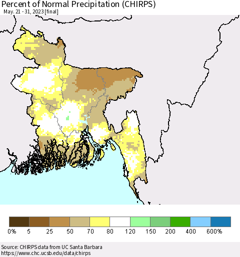 Bangladesh Percent of Normal Precipitation (CHIRPS) Thematic Map For 5/21/2023 - 5/31/2023