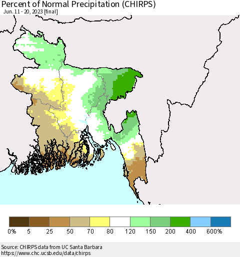 Bangladesh Percent of Normal Precipitation (CHIRPS) Thematic Map For 6/11/2023 - 6/20/2023