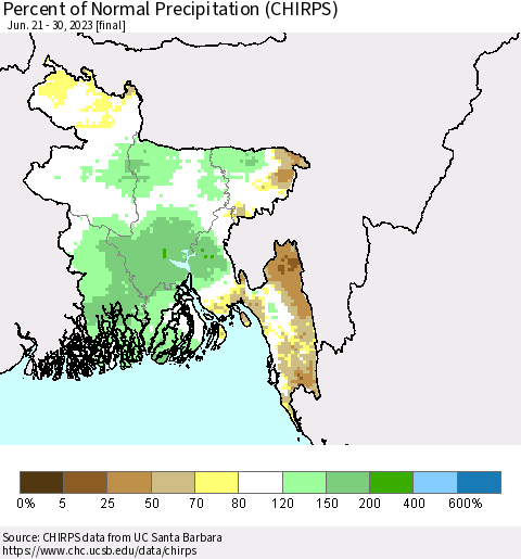 Bangladesh Percent of Normal Precipitation (CHIRPS) Thematic Map For 6/21/2023 - 6/30/2023