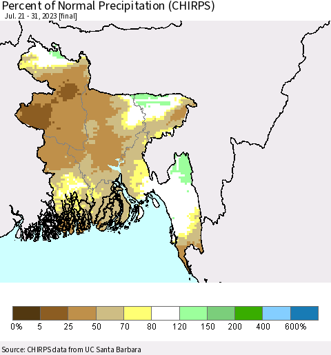 Bangladesh Percent of Normal Precipitation (CHIRPS) Thematic Map For 7/21/2023 - 7/31/2023