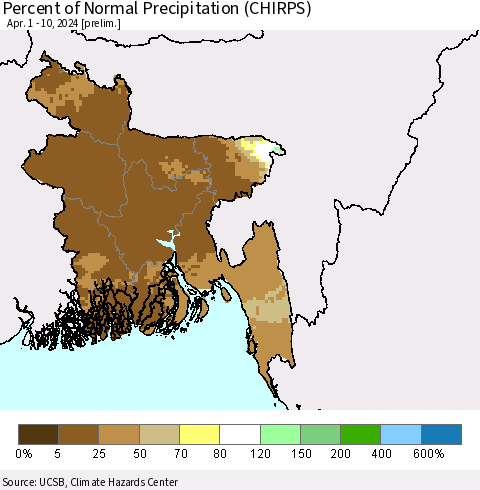 Bangladesh Percent of Normal Precipitation (CHIRPS) Thematic Map For 4/1/2024 - 4/10/2024