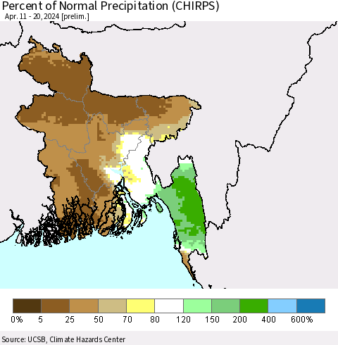 Bangladesh Percent of Normal Precipitation (CHIRPS) Thematic Map For 4/11/2024 - 4/20/2024