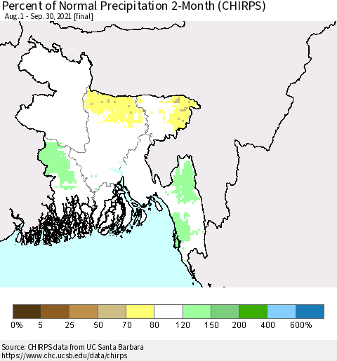 Bangladesh Percent of Normal Precipitation 2-Month (CHIRPS) Thematic Map For 8/1/2021 - 9/30/2021